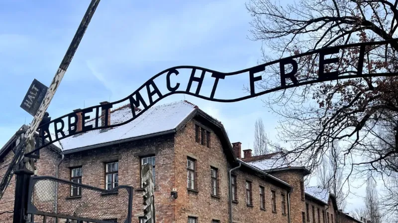 Auschwitz gate with Arbeit Macht Frei sign
