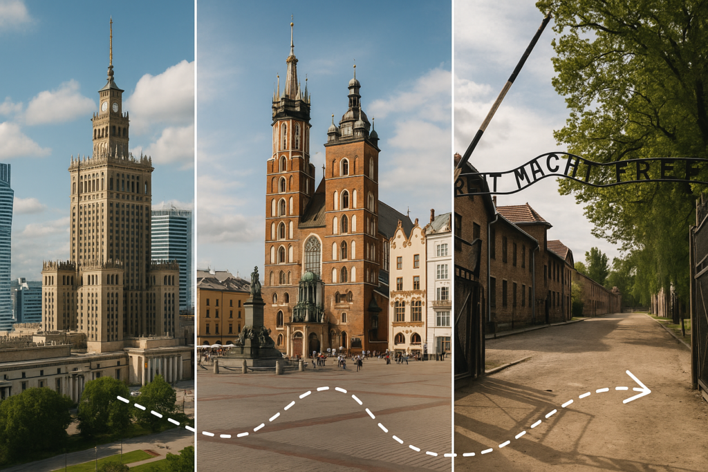 Trasa podróży obejmująca Warszawę, Kraków i Auschwitz w jednej historycznej wycieczce po Polsce