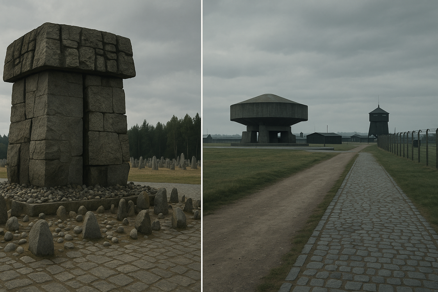 Porównawcza grafika przedstawiająca miejsce pamięci w Treblince i historyczną przestrzeń byłego obozu na Majdanku