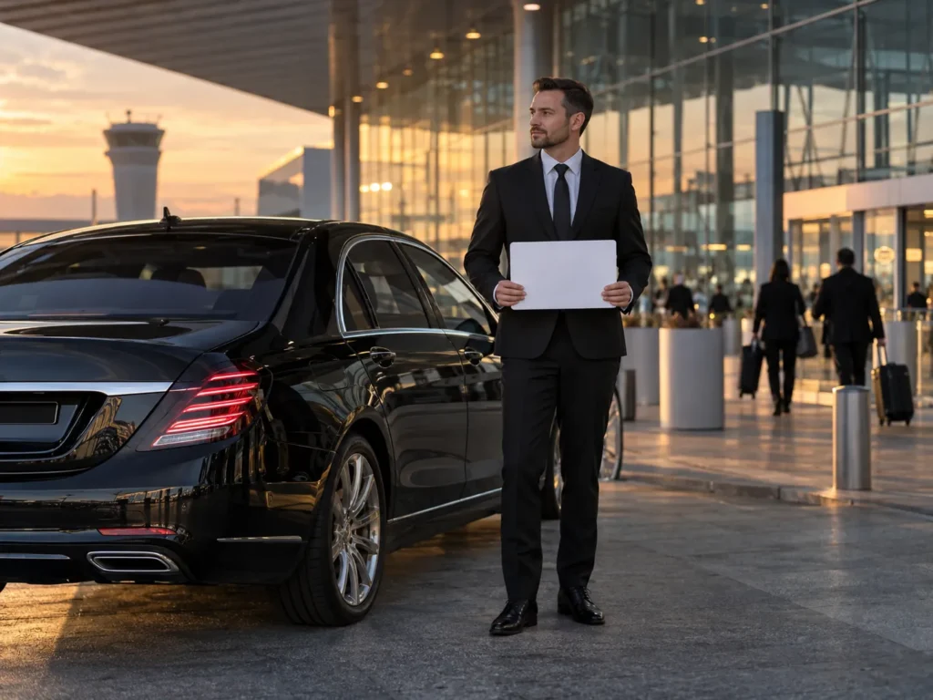 a chauffeur in a dark suit standing beside a black Mercedes S Class at an airport arrivals area